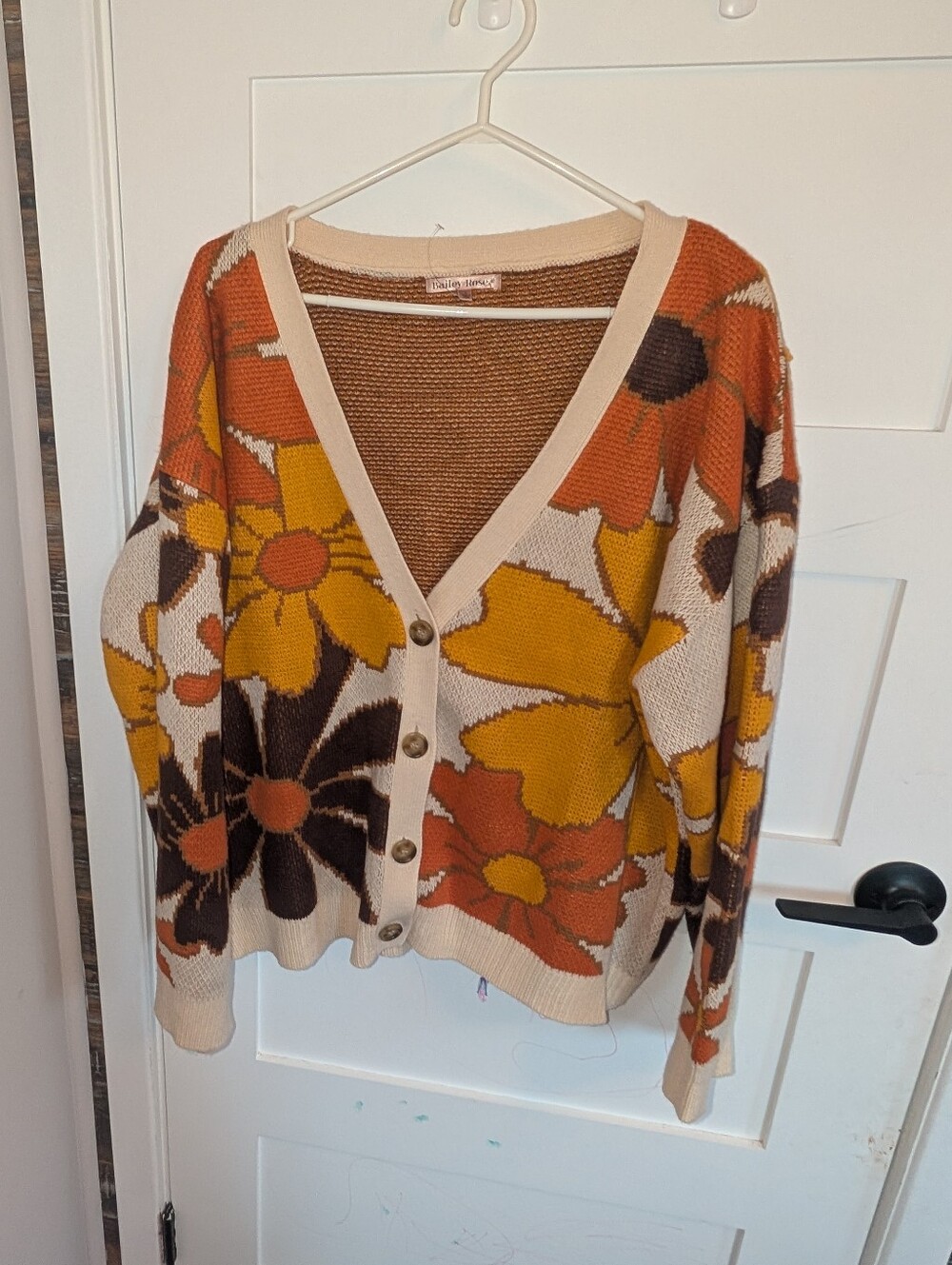 Retro Floral Button-Up Cardigan Sweater - Beige, Mustard & Rust